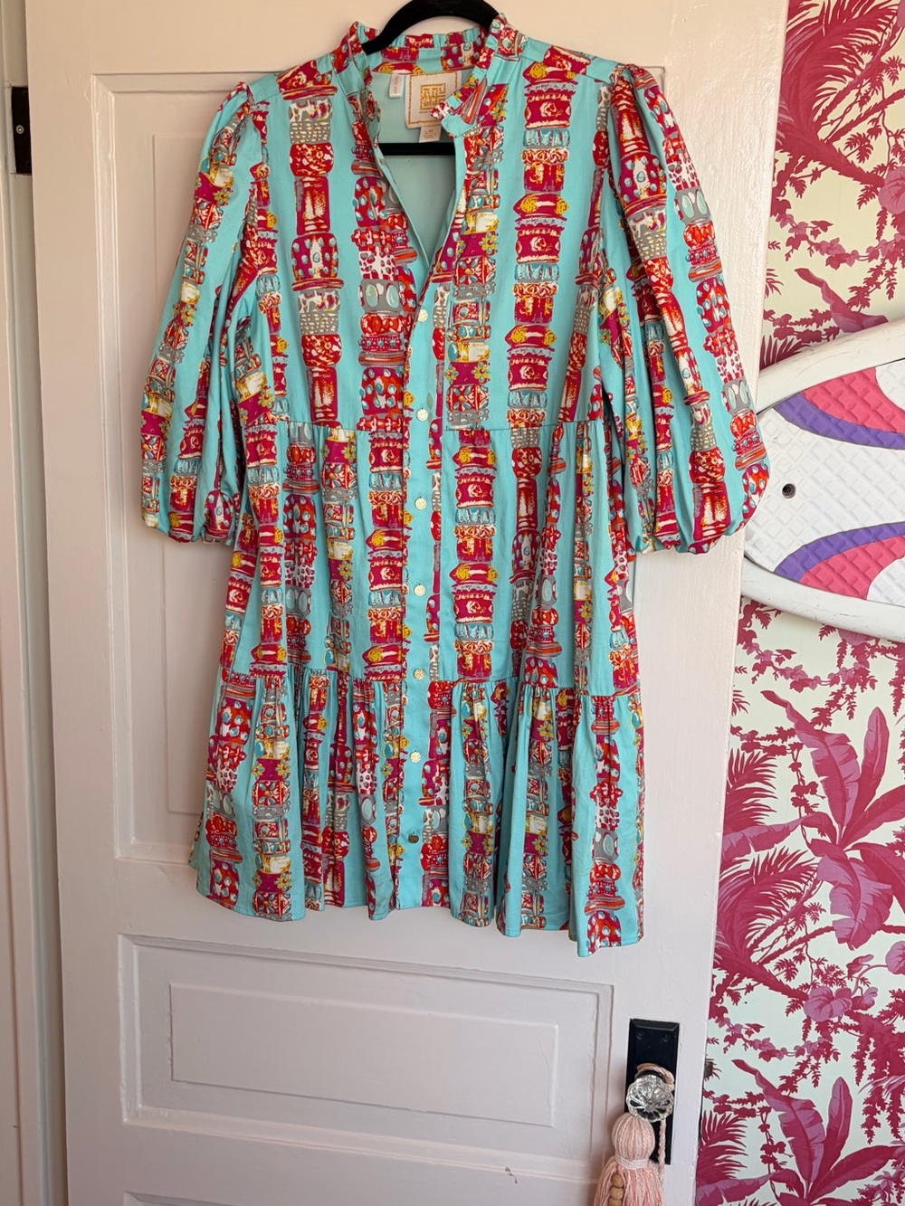 Aqua Printed Tiered Button-Front Casual Dress with Puff Sleeves